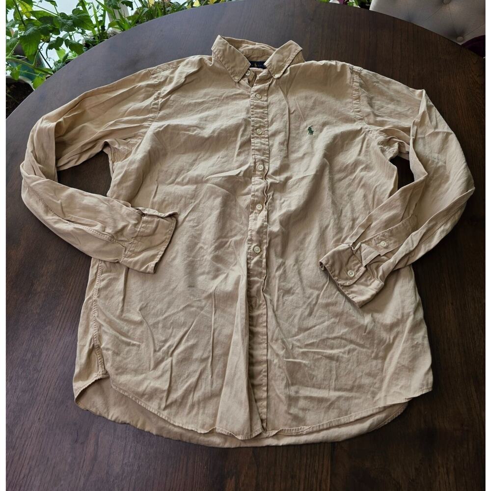 Ralph Lauren Mens Beige Button-Down Shirt With Green Polo Logo Classic‎ Fit Long